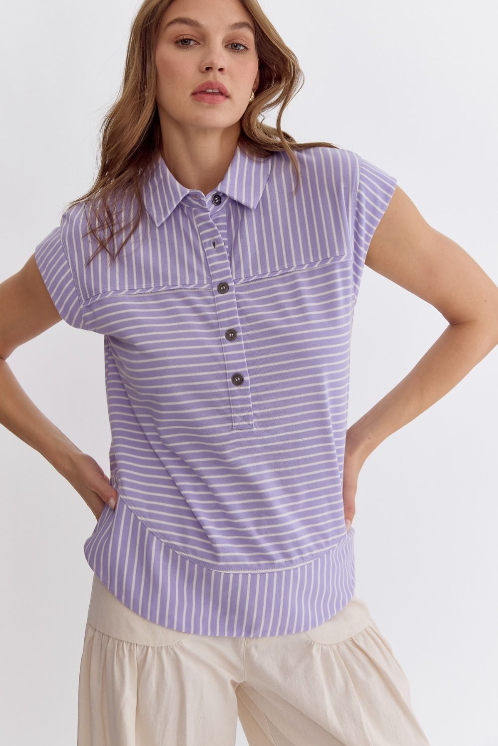 Striped Collared Sleeveless Top - Lavender