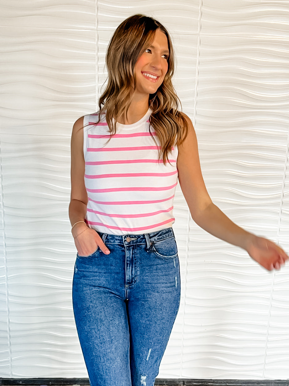 Striped Crewneck Sleeveless Top- Pink