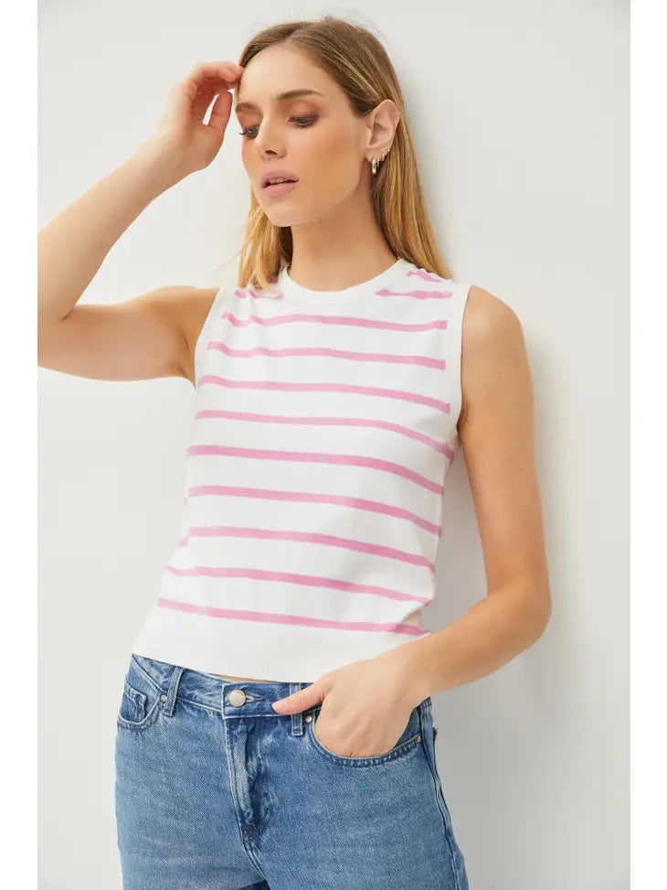 Striped Crewneck Sleeveless Top- Pink