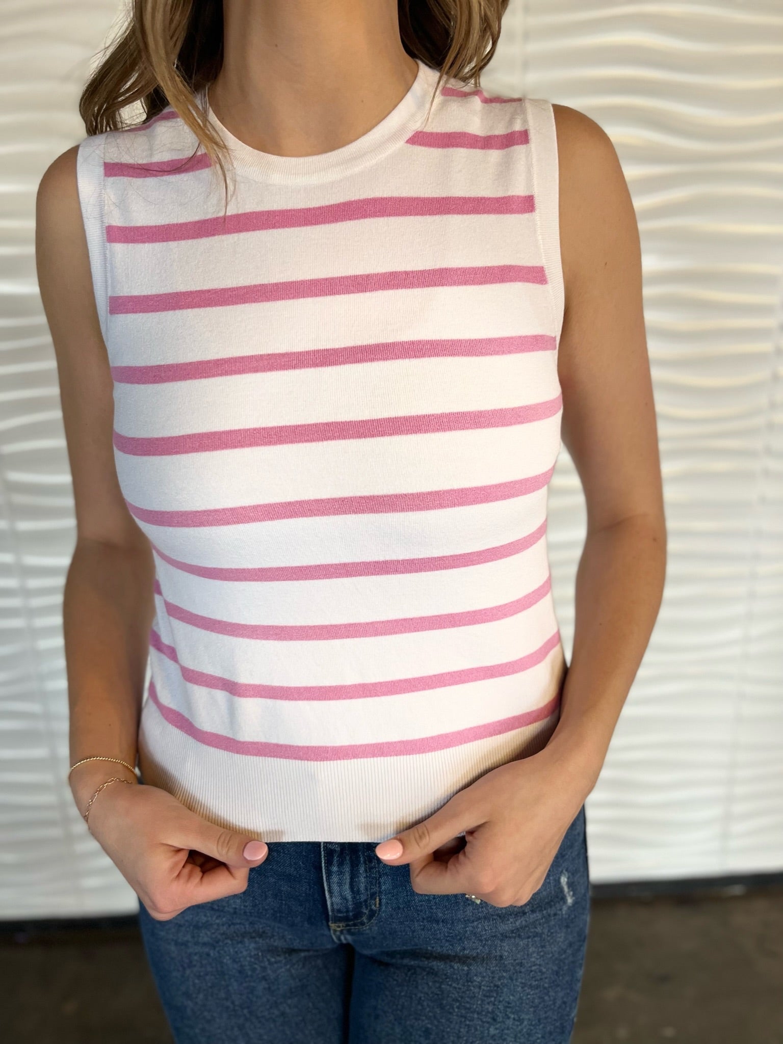 Striped Crewneck Sleeveless Top- Pink