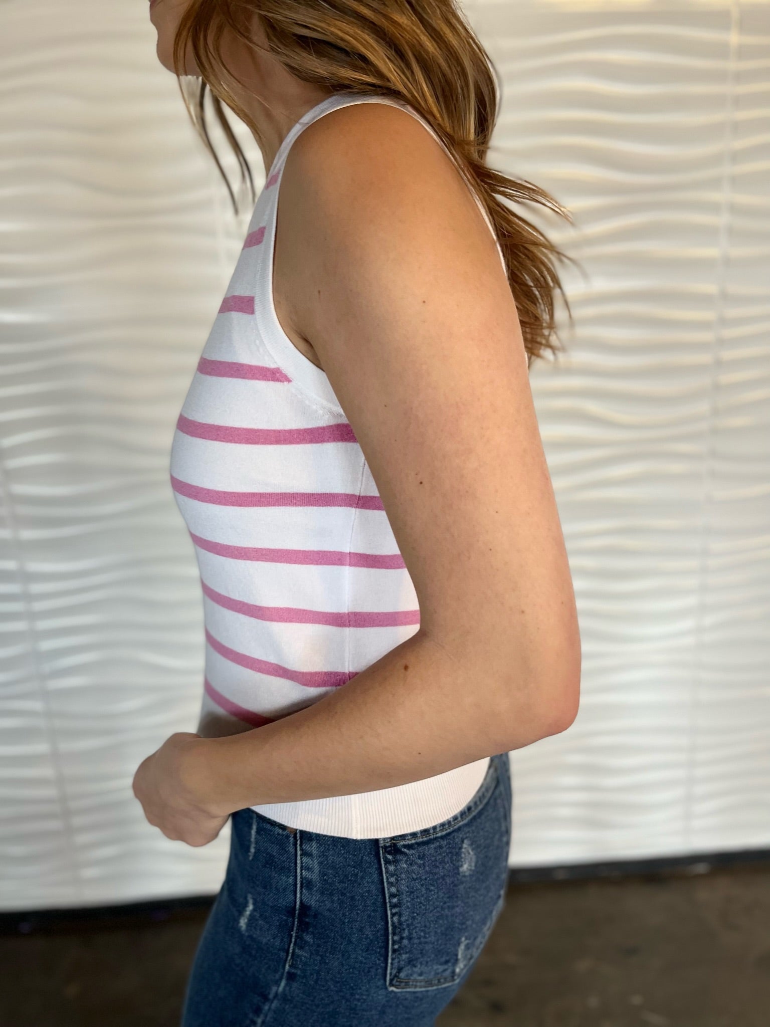 Striped Crewneck Sleeveless Top- Pink