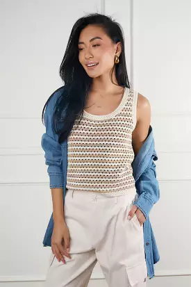 Striped Crochet Knit Top in Taupe