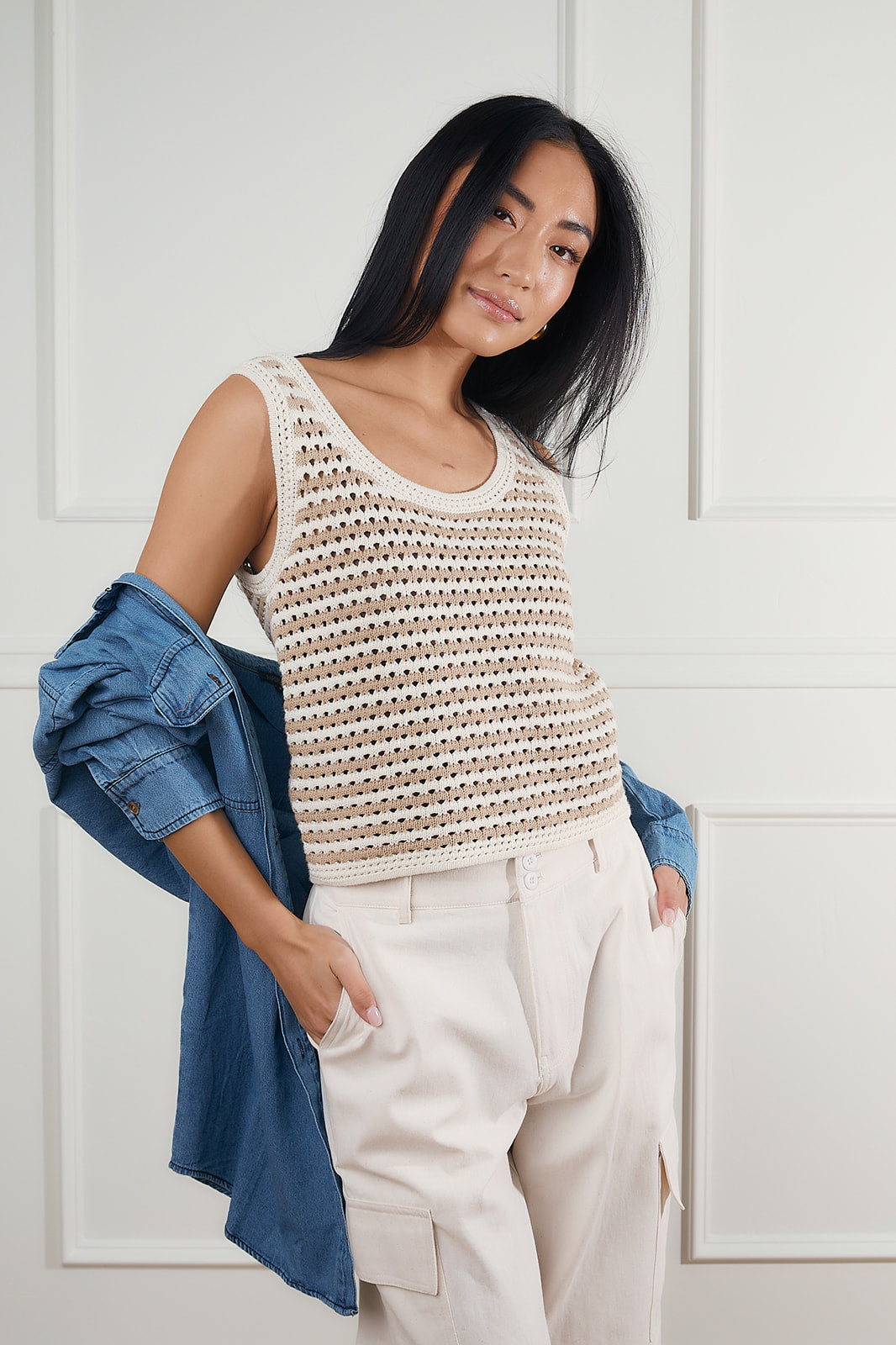 Striped Crochet Knit Top in Taupe