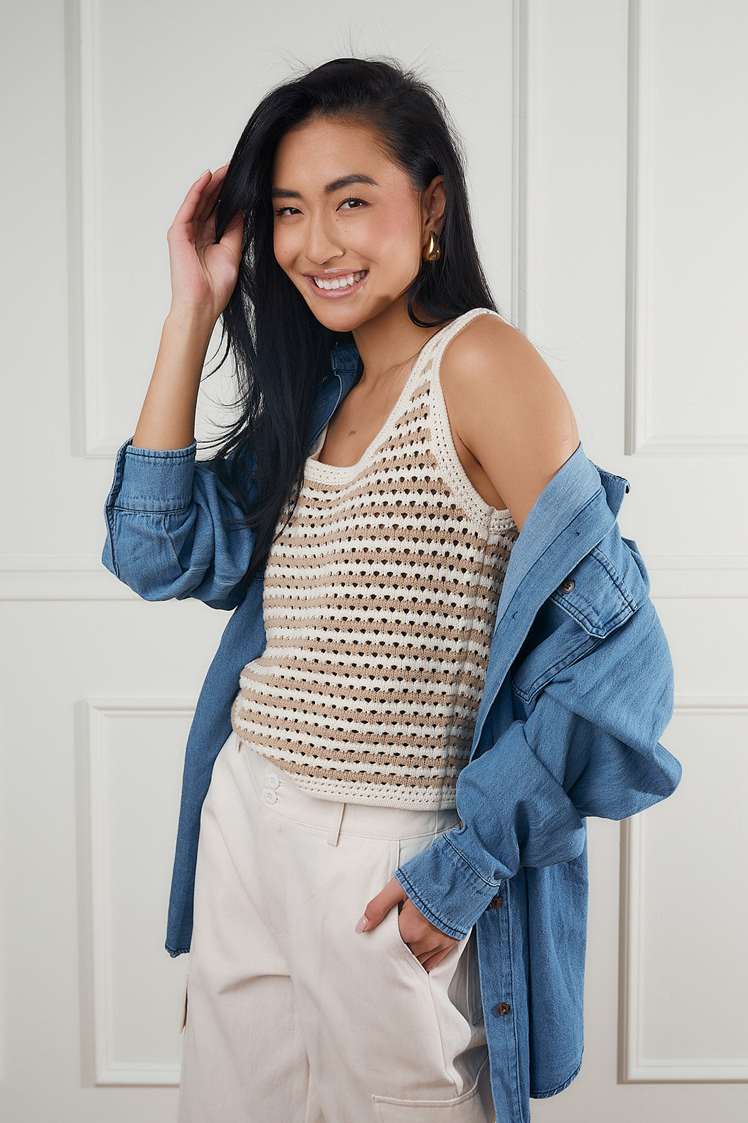 Striped Crochet Knit Top in Taupe