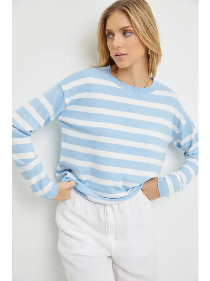 Striped Drop Shoulder Pullover - Light Blue