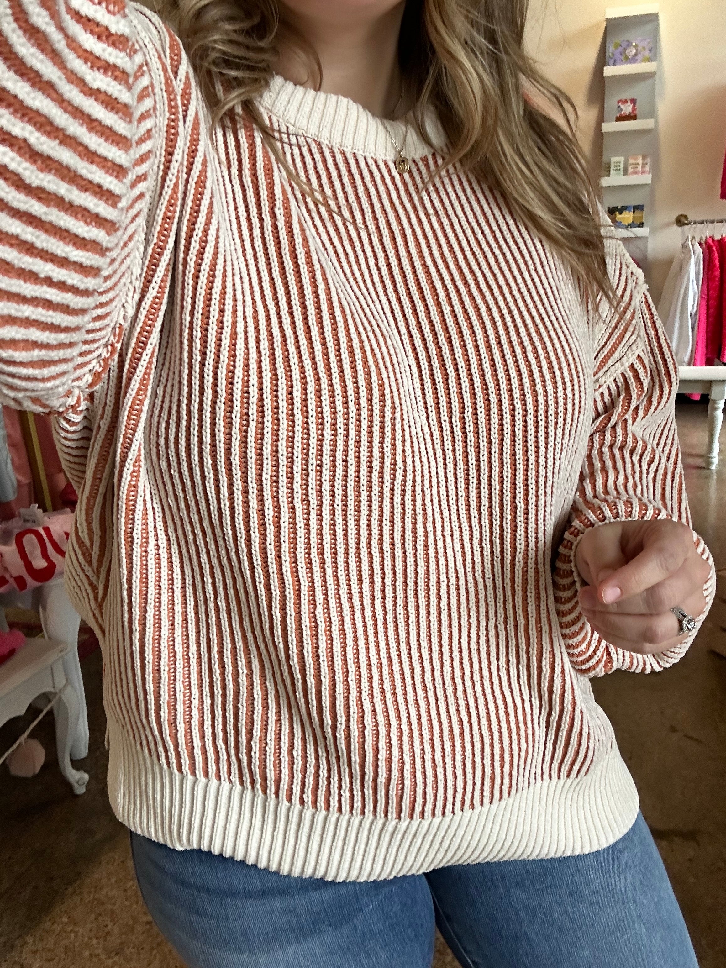 Super Soft Stripe Sweater- White/Taupe