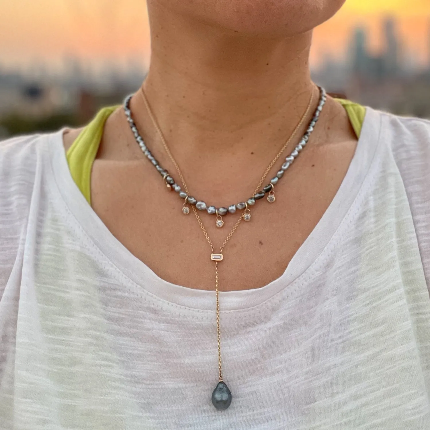 Tahitian Pearl Y- Necklace with Diamond Baguette