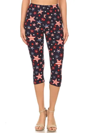 Women's 3X5X Stars & Stripes American Flag Printed Cropped Capri Leggings