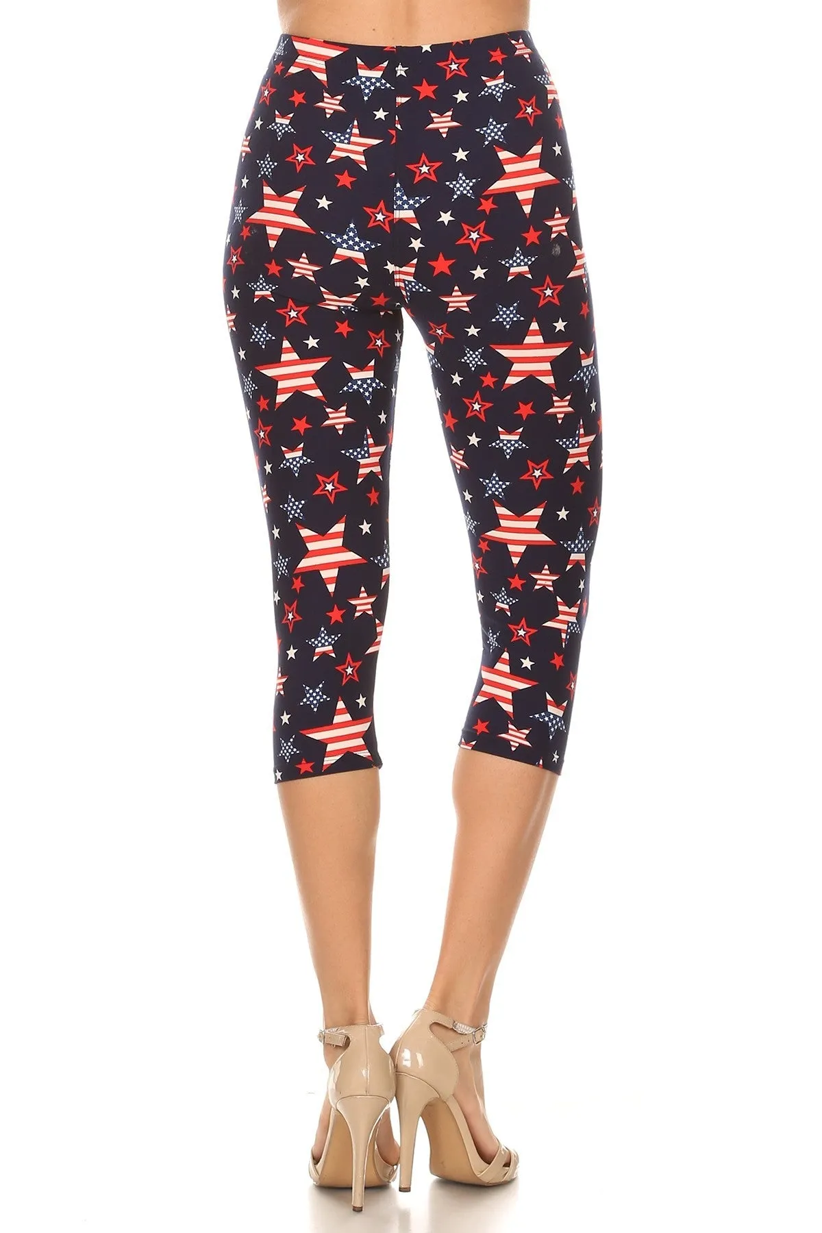 Women's 3X5X Stars & Stripes American Flag Printed Cropped Capri Leggings