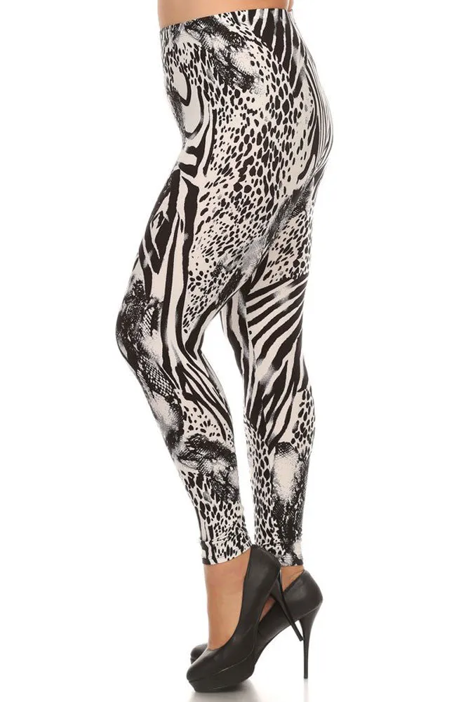 Women's Plus Mixed Zebra and Leopard Animal Pattern Print Leggings - White Black