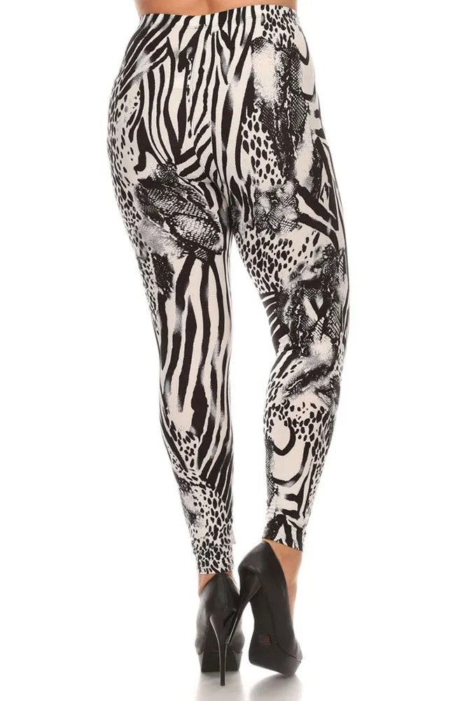 Women's Plus Mixed Zebra and Leopard Animal Pattern Print Leggings - White Black