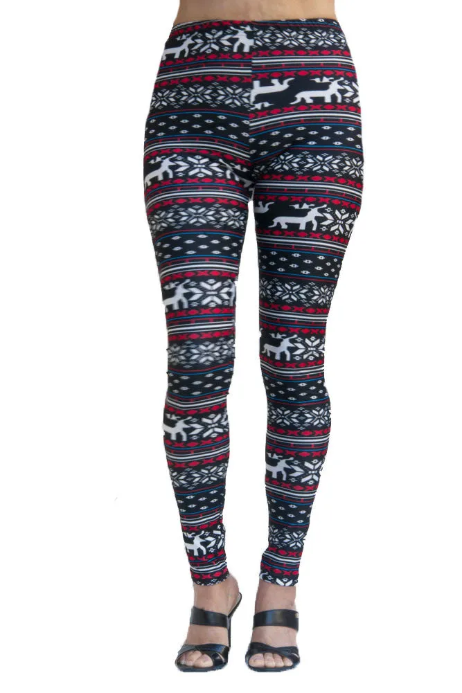 Women's Regular Blue Reindeer Fair Isle Design Printed Leggings