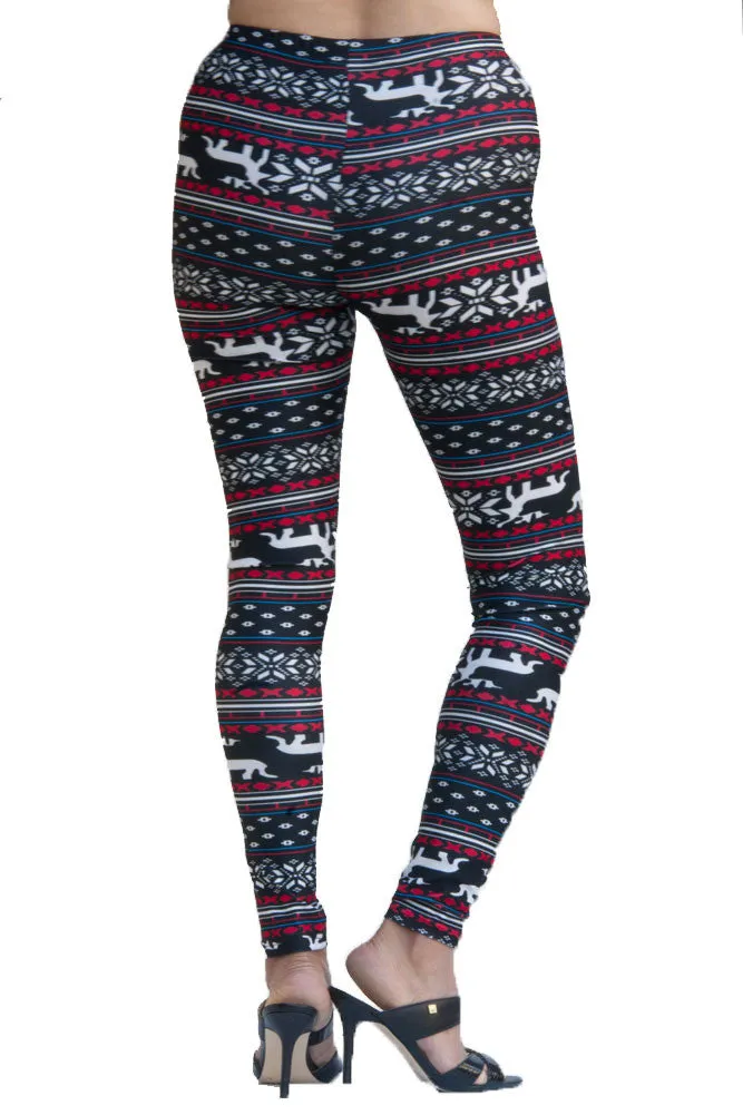 Women's Regular Blue Reindeer Fair Isle Design Printed Leggings