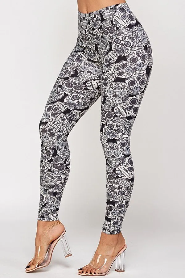 Women's Regular Grey Sugar Skull Pattern Printed Leggings