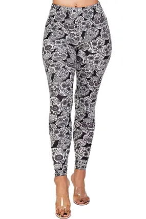 Women's Regular Grey Sugar Skull Pattern Printed Leggings