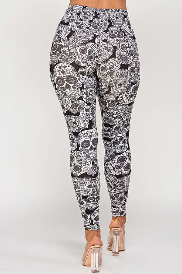 Women's Regular Grey Sugar Skull Pattern Printed Leggings